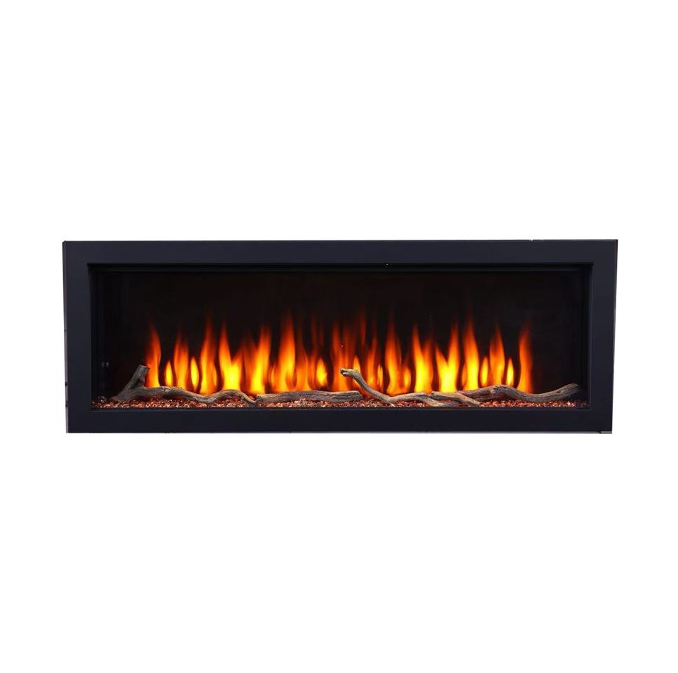 Rectangular electric fireplace insert with flames and logs on a white background