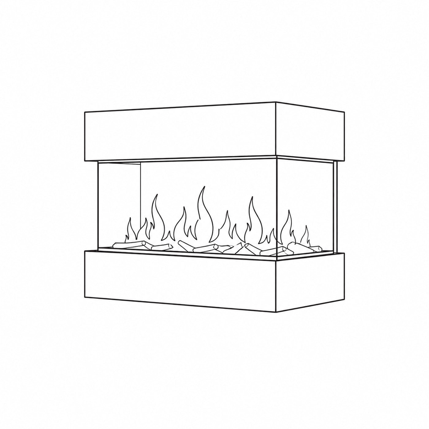 Line drawing of a modern fireplace with flames inside