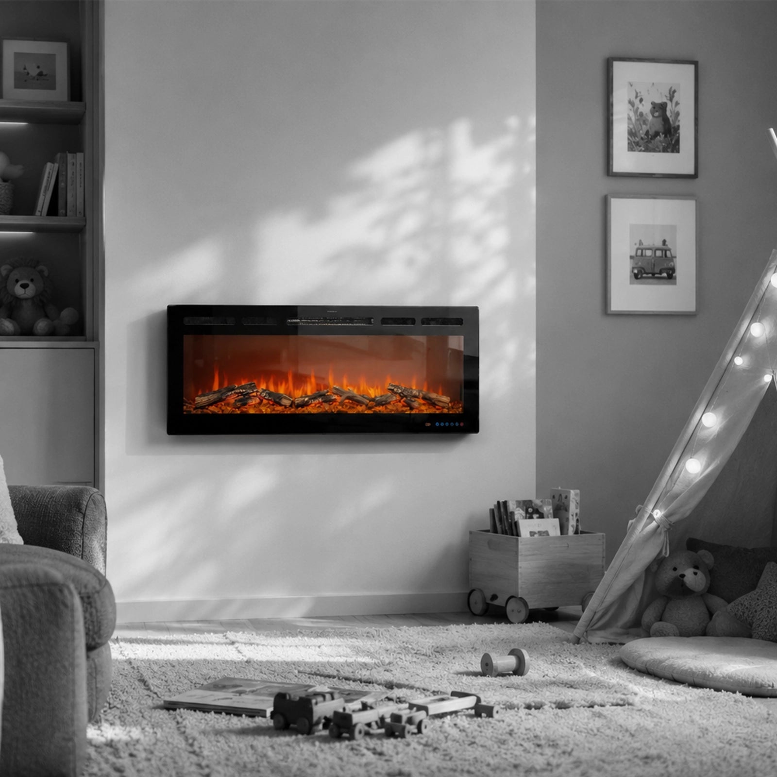 Wall-mounted electric fireplace in a living room with toys on the floor and a child's play area.