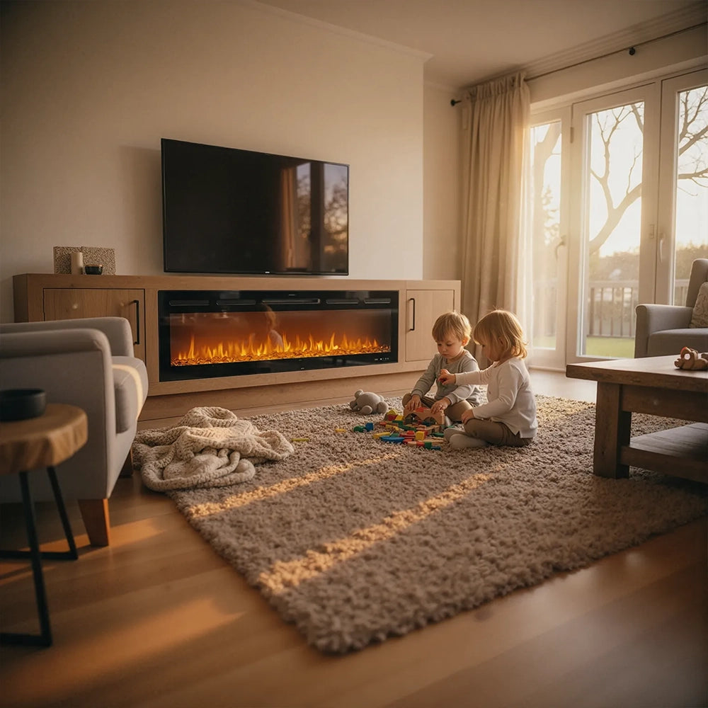Two children playing on a rug in a living room with a lumo electric fireplace and large windows.
