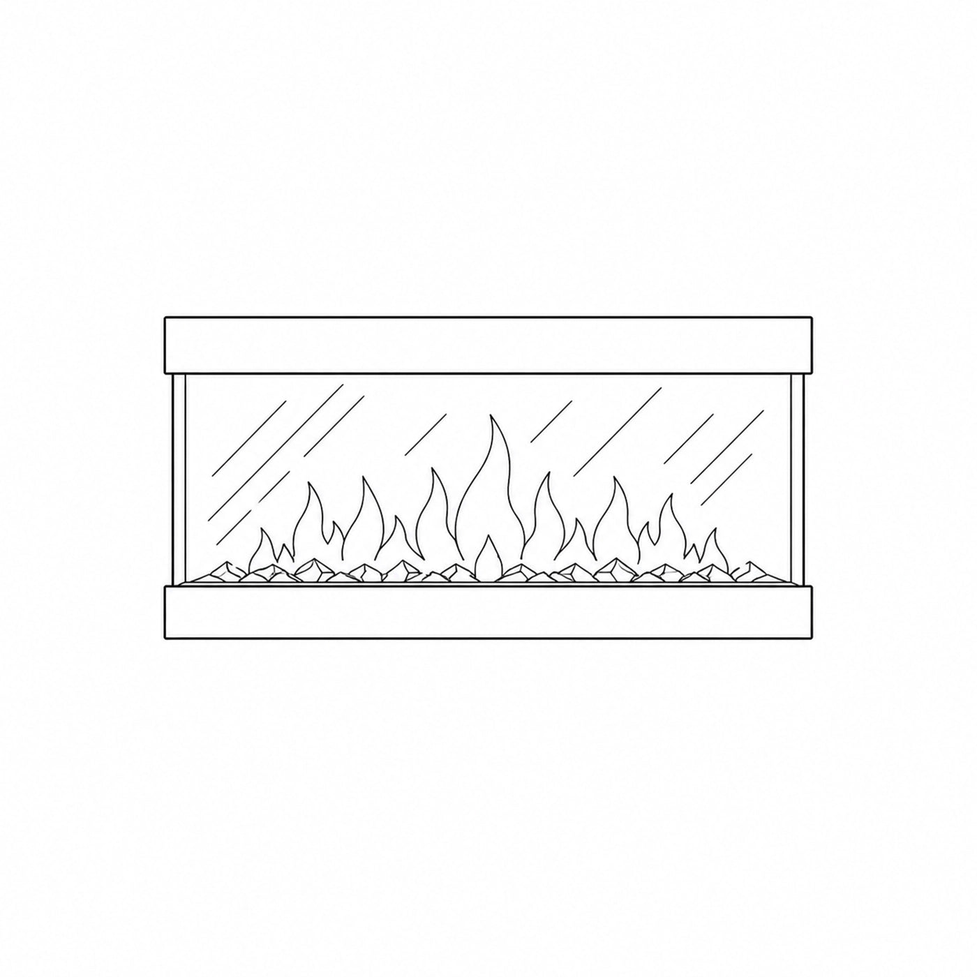 Line drawing of a fireplace with glass door