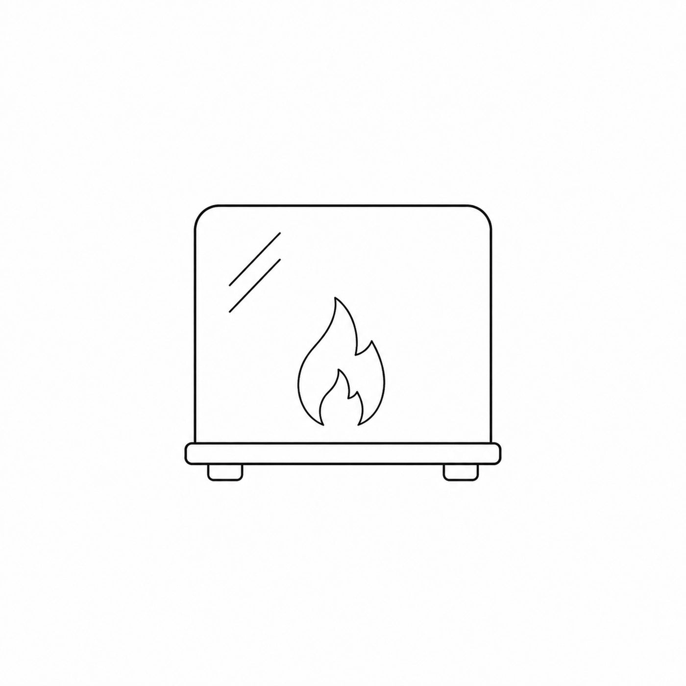 Outline of a fireplace with a flame on a white background