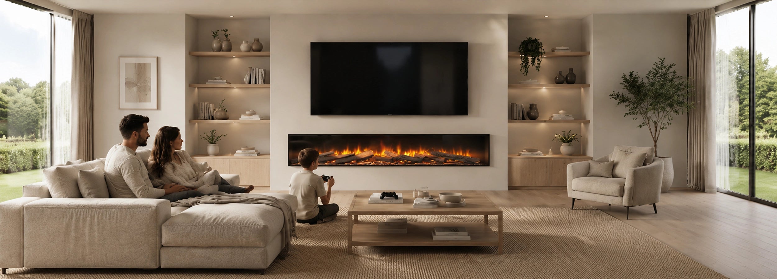 Modern living room with a fireplace, TV, and people sitting on a couch.