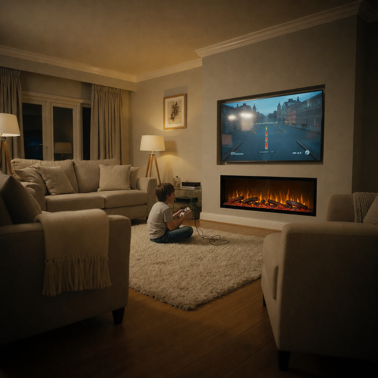 Living room with lumo comfort electric fireplace , TV with a person playing video games on a console, surrounded by furniture and decor.