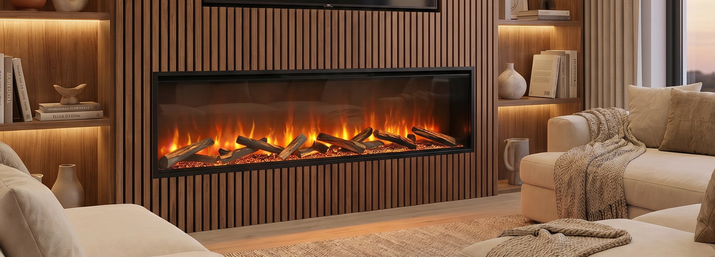Modern living room with a electric fireplace and decorative shelves.