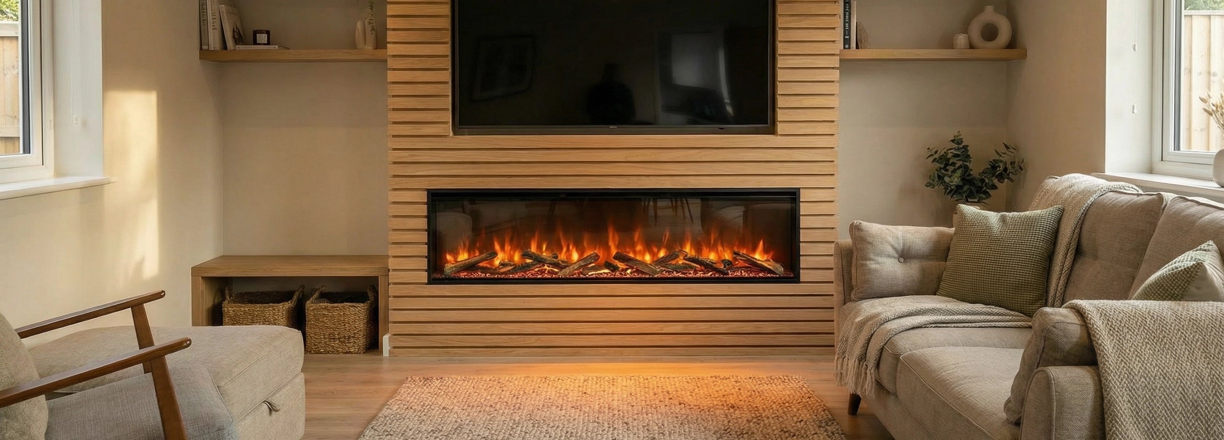 Living room with a lumo electric fireplace displaying a realistic fire, surrounded by furniture and decor.