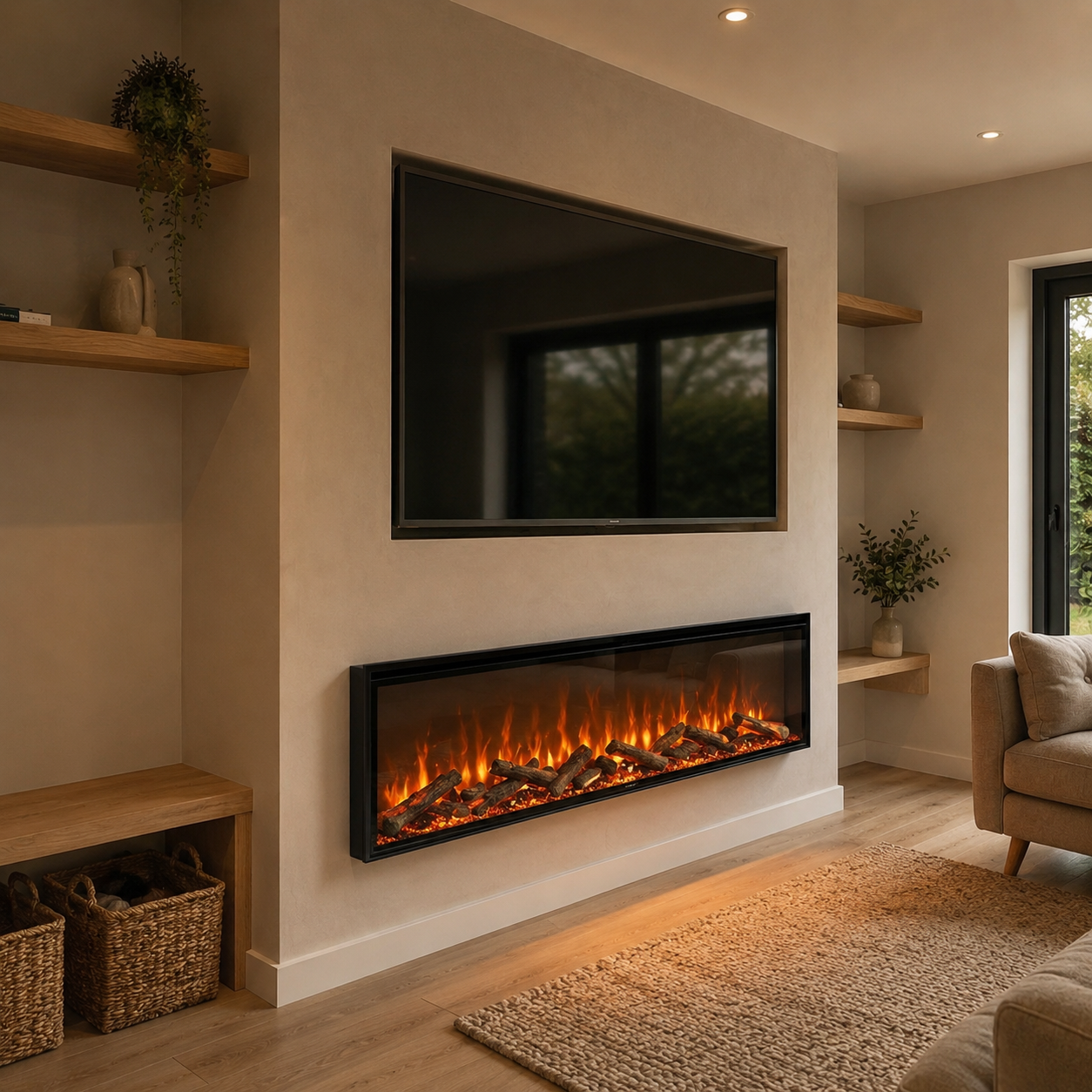 Modern living room with electric fireplace, TV, and shelves.