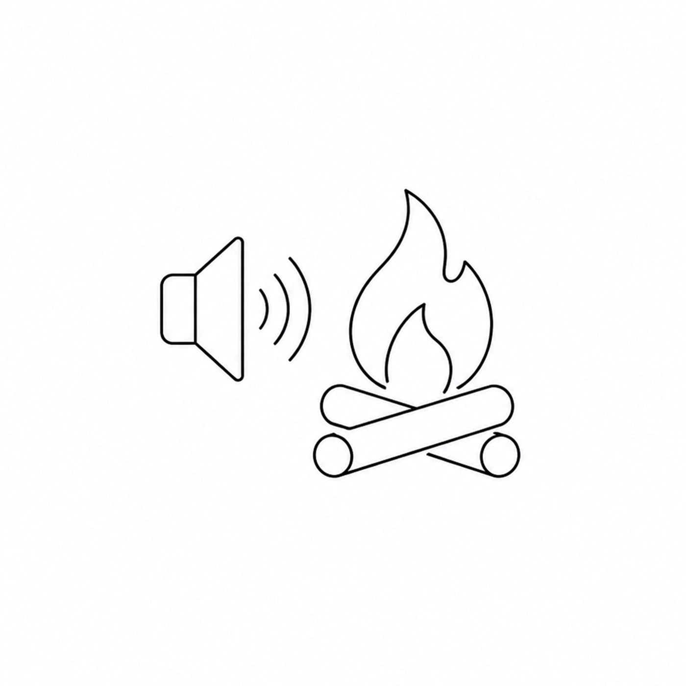 Line drawing of a speaker and a campfire with two sticks on a white background