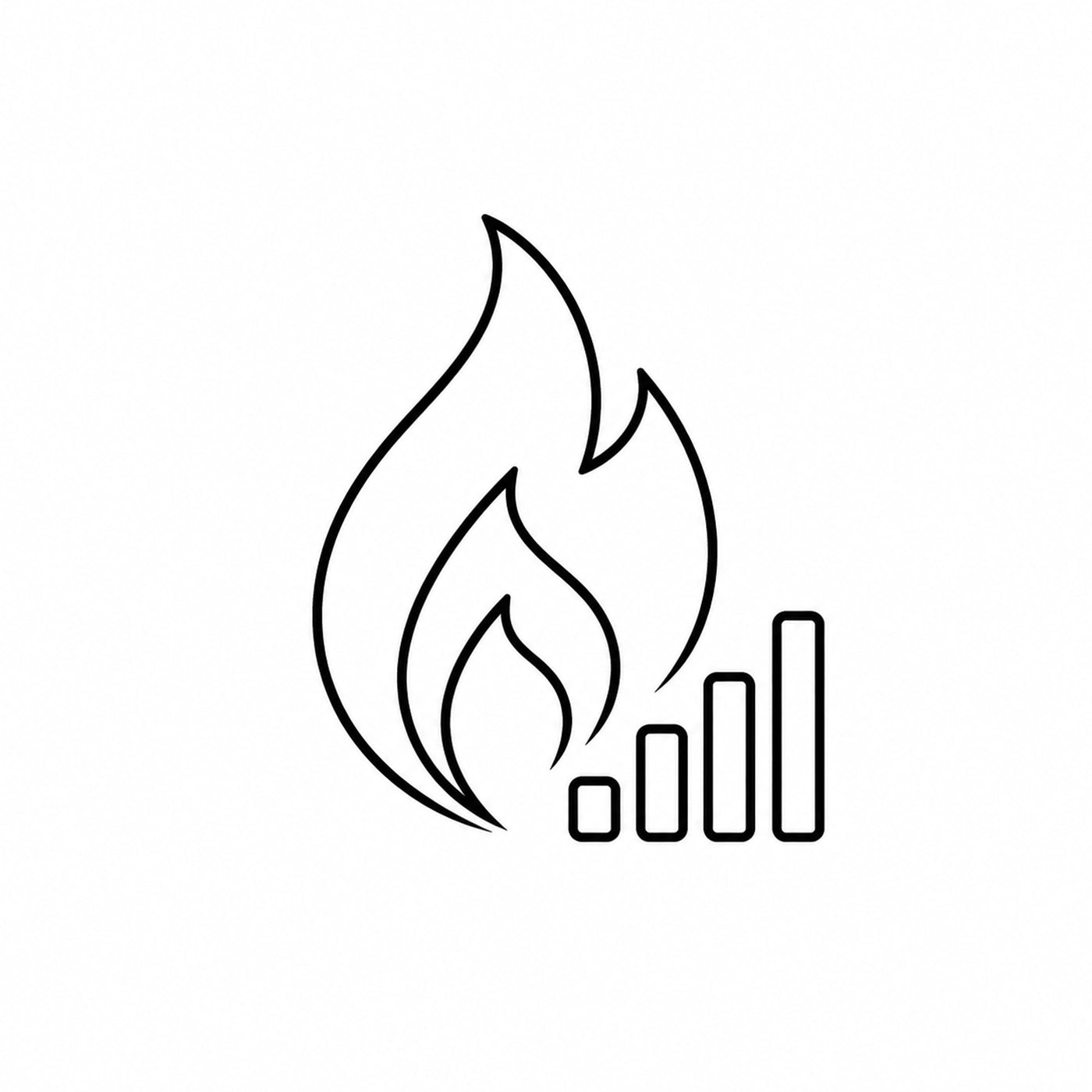 Black line drawing of a flame with a bar graph on a white background