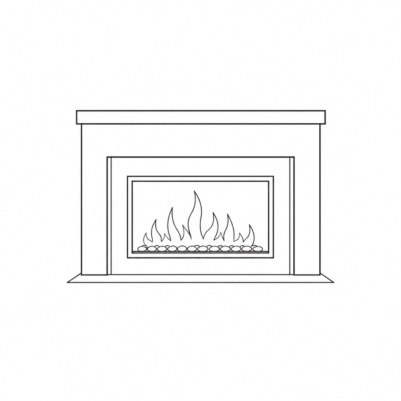 Line drawing of a fireplace with flames inside
