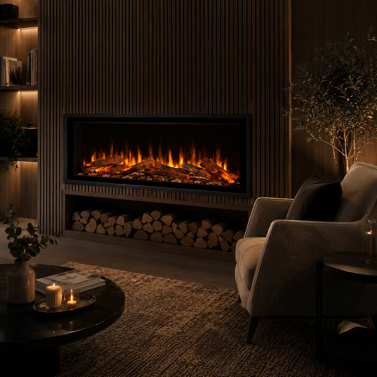 Cozy living room with a lumo loft 1250 electric fireplace, armchair, and decorative items.