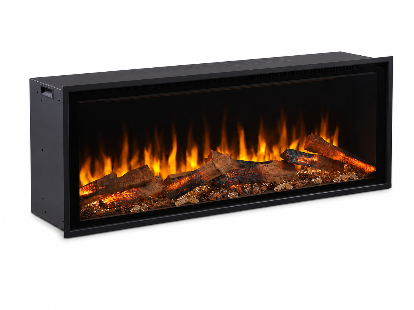Electric fireplace insert with glowing logs and flames on a white background