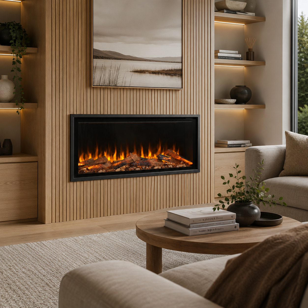 Modern living room with electric fireplace, shelves, and a sofa.