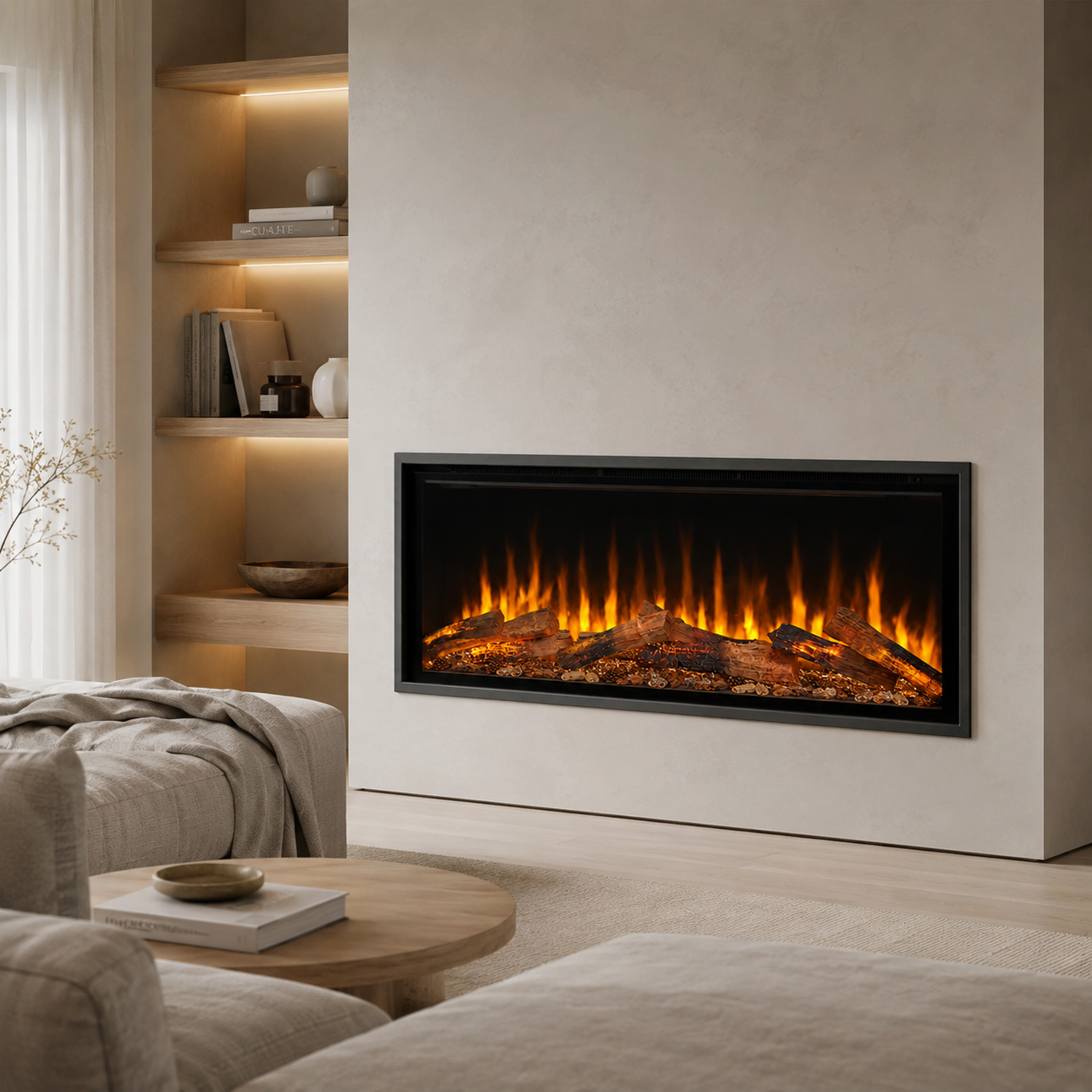 Modern electric fireplace in a living room setting with neutral tones.