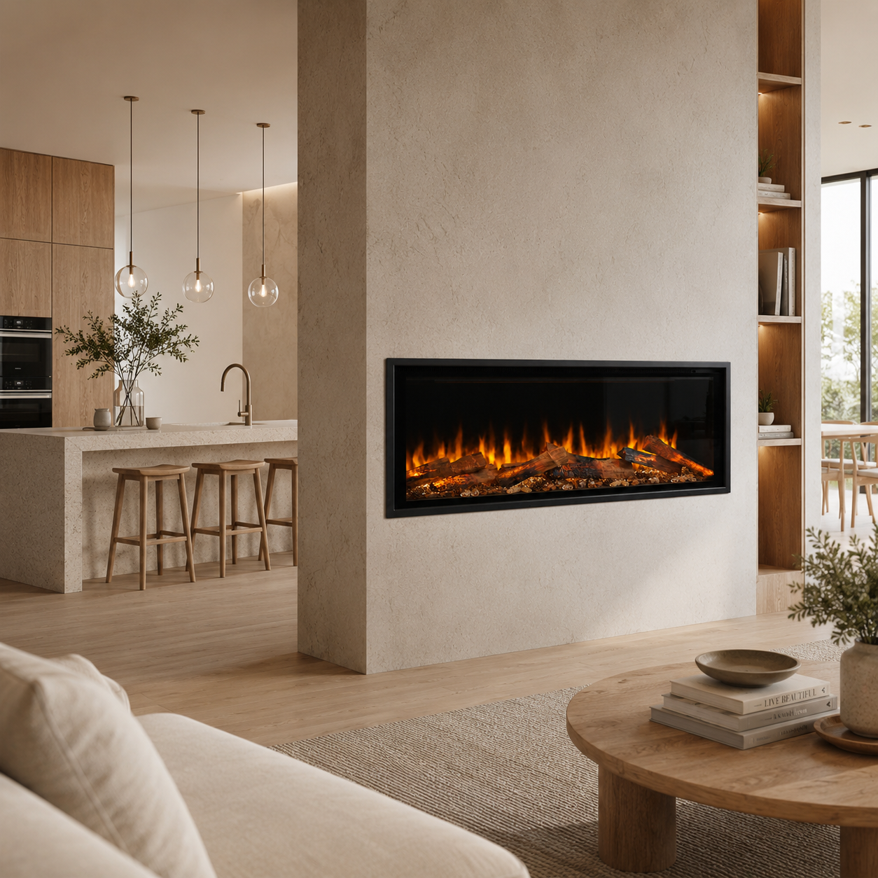 open plan modern home , livingroom with view to kitchen with Lumo Loft 1250 Electric fire dividing wall and view to garden , soft tones 