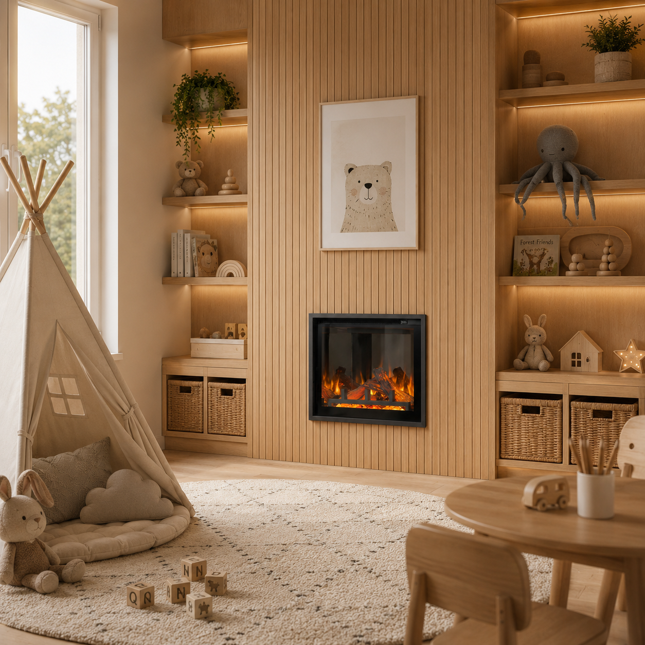 Children's room with a lumo loft electric fireplace, shelves, and toys.