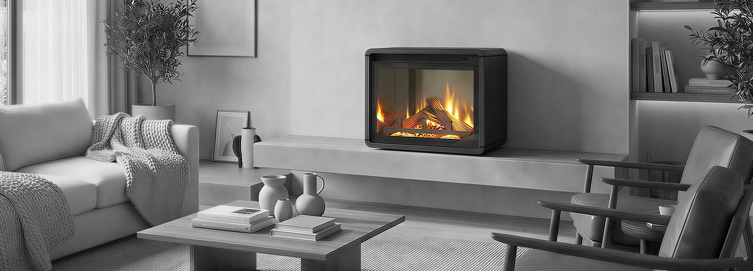 Modern living room with a gas fireplace, sofa, and coffee table.