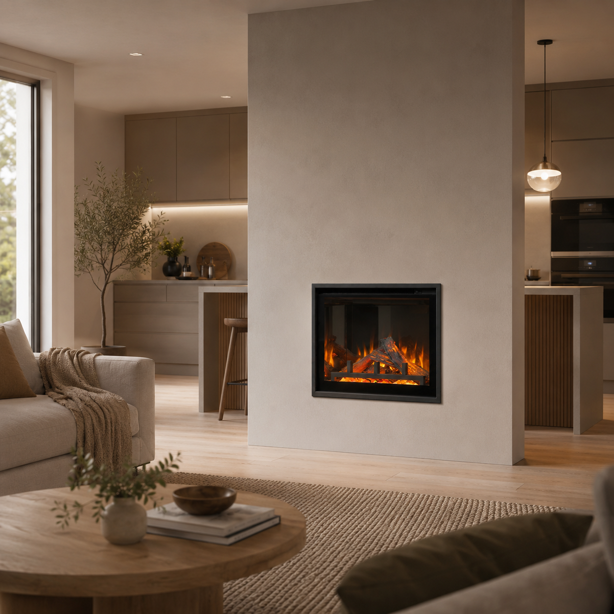 Modern open plan living room with a lumo electric fireplace, sofa, and coffee table.