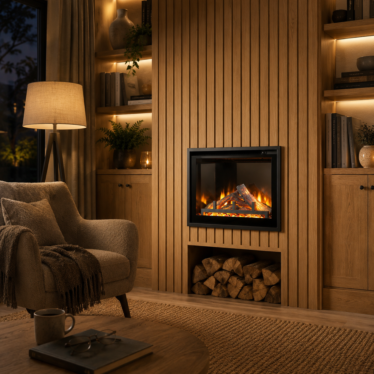 Cozy living room with a lumo loft electric fireplace, armchair, and lamp.