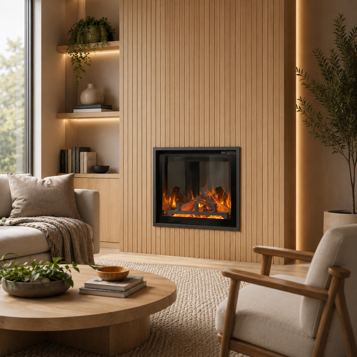 Slatted wooden wall with recessed mood lighting, warm tones , lumo electric fireplace and warm soft furniture