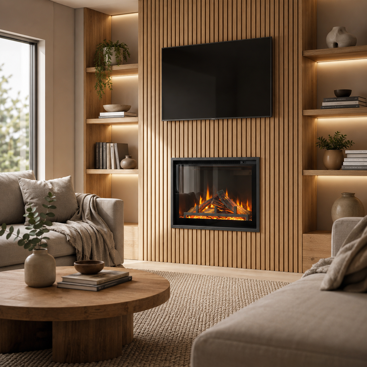 modern living with slatted wooden wall , TV and Lumo electric fire