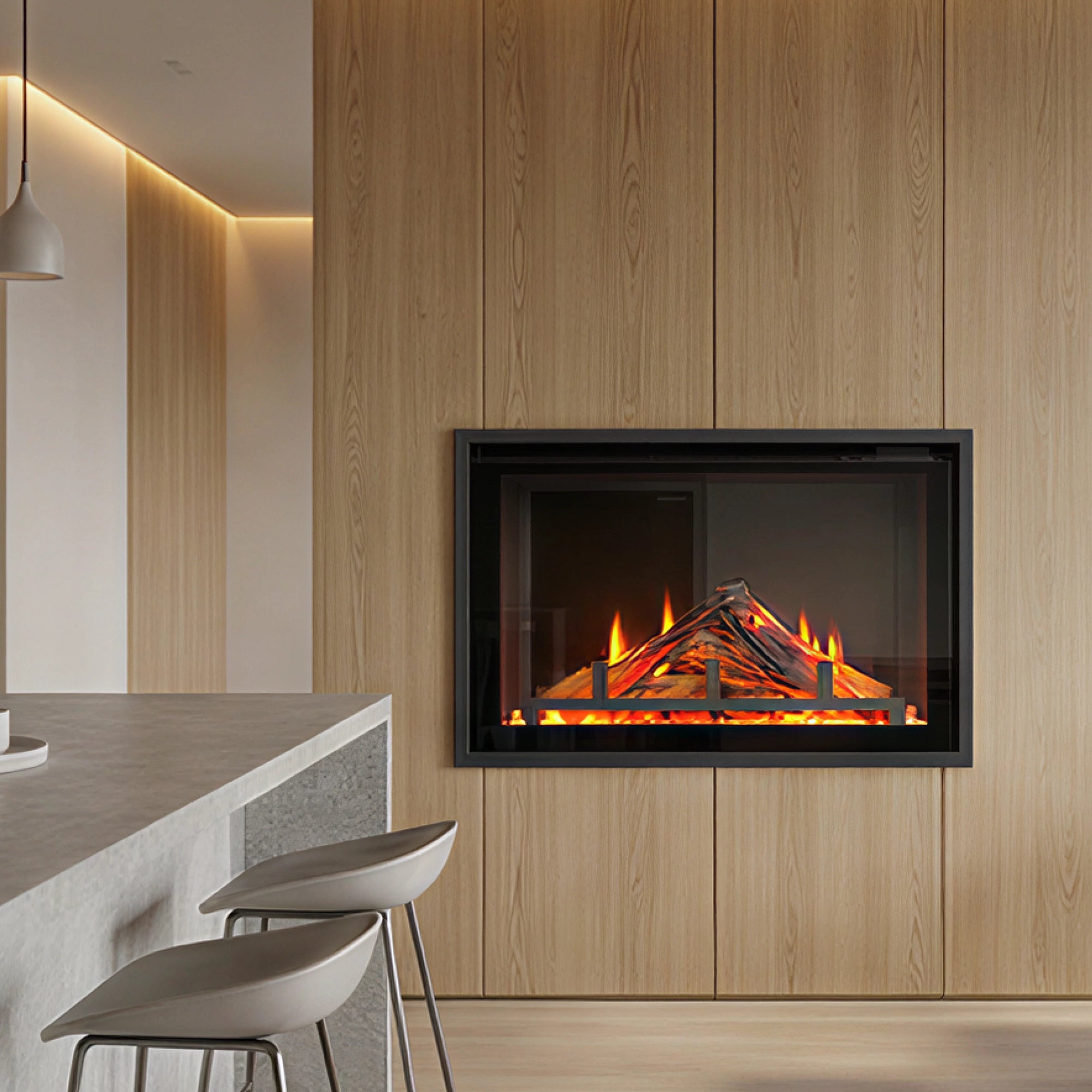 Modern electric fireplace in a room with wooden paneling and stools.
