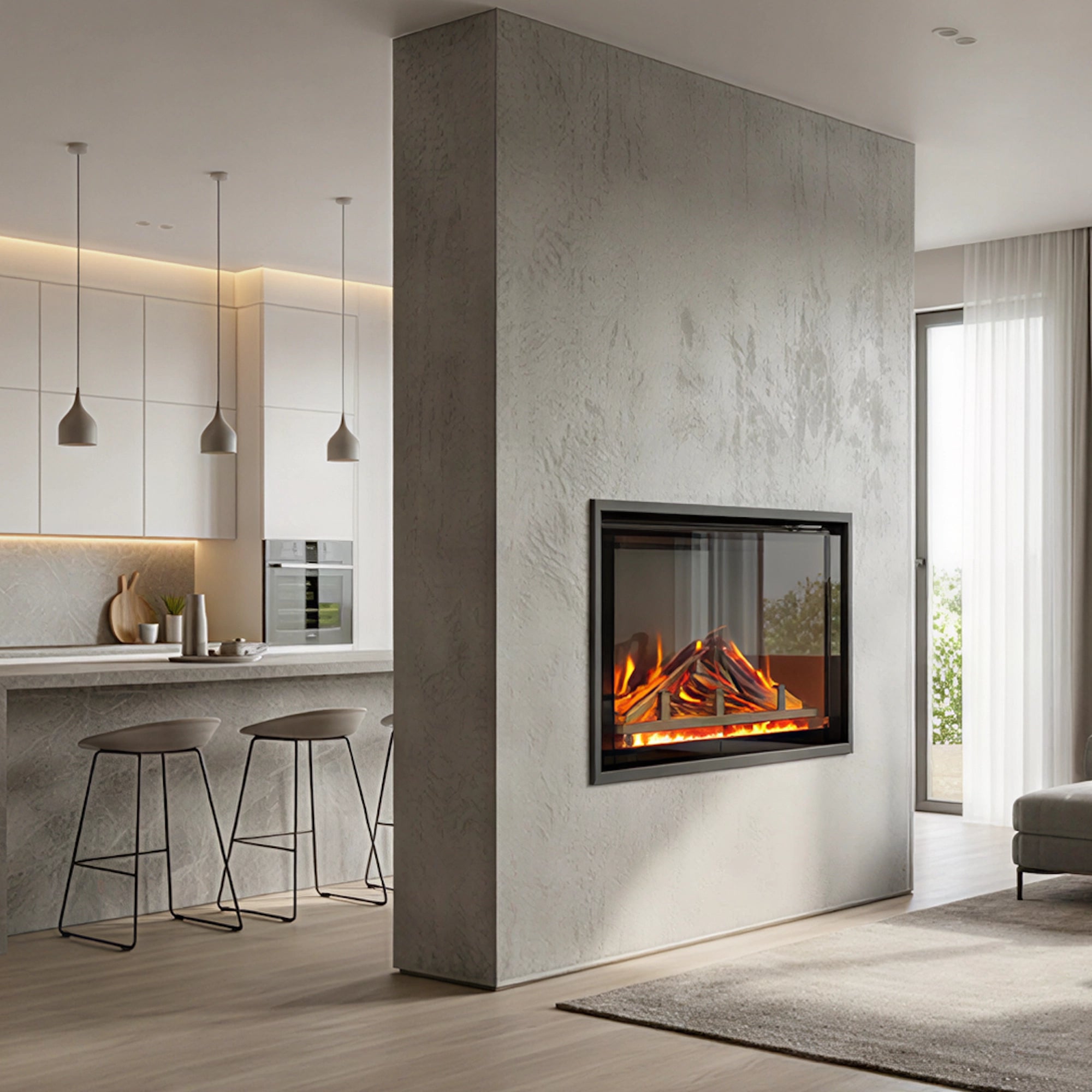 Modern living room with a fireplace and kitchen area.
