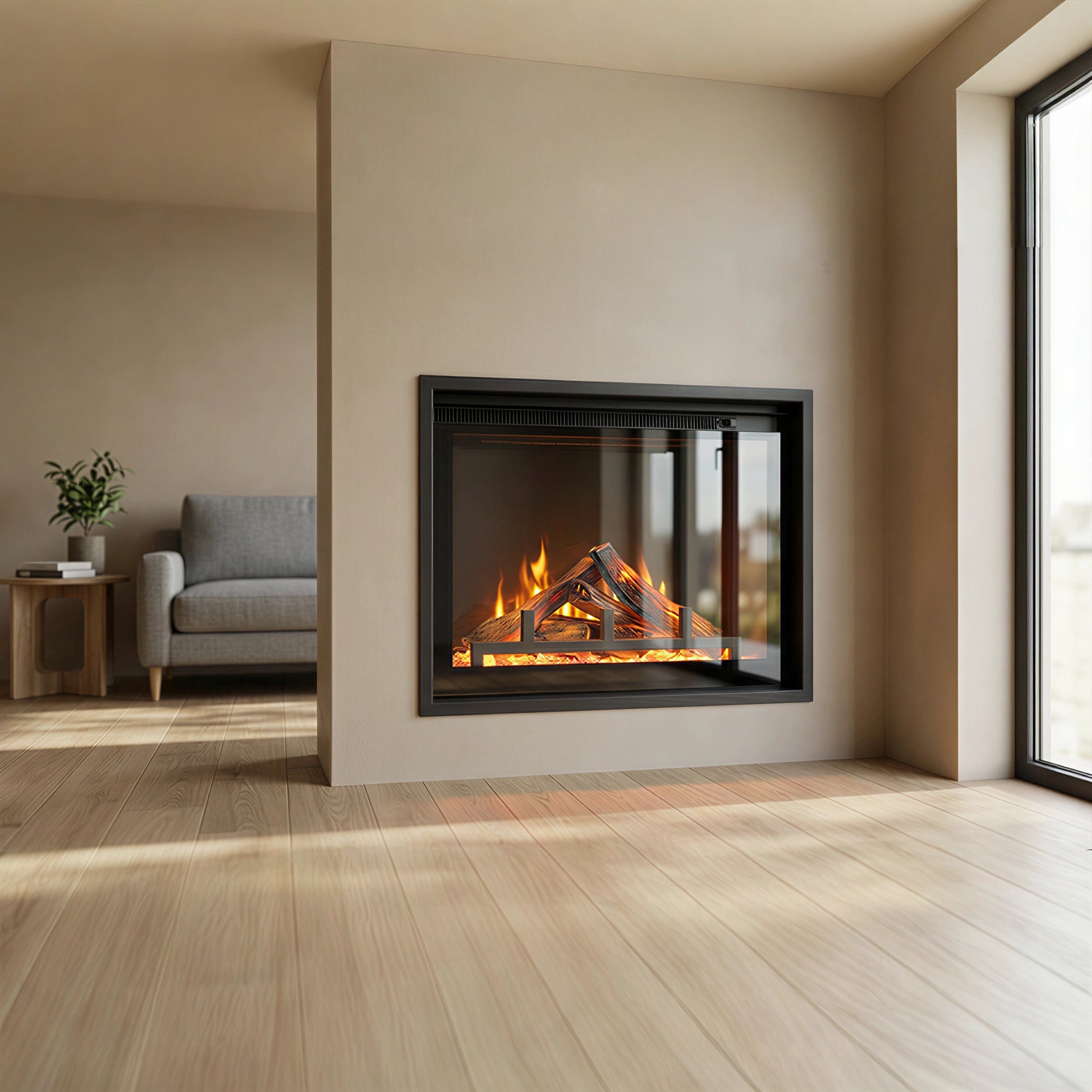 Modern living room with a fireplace and a view of the outdoors.