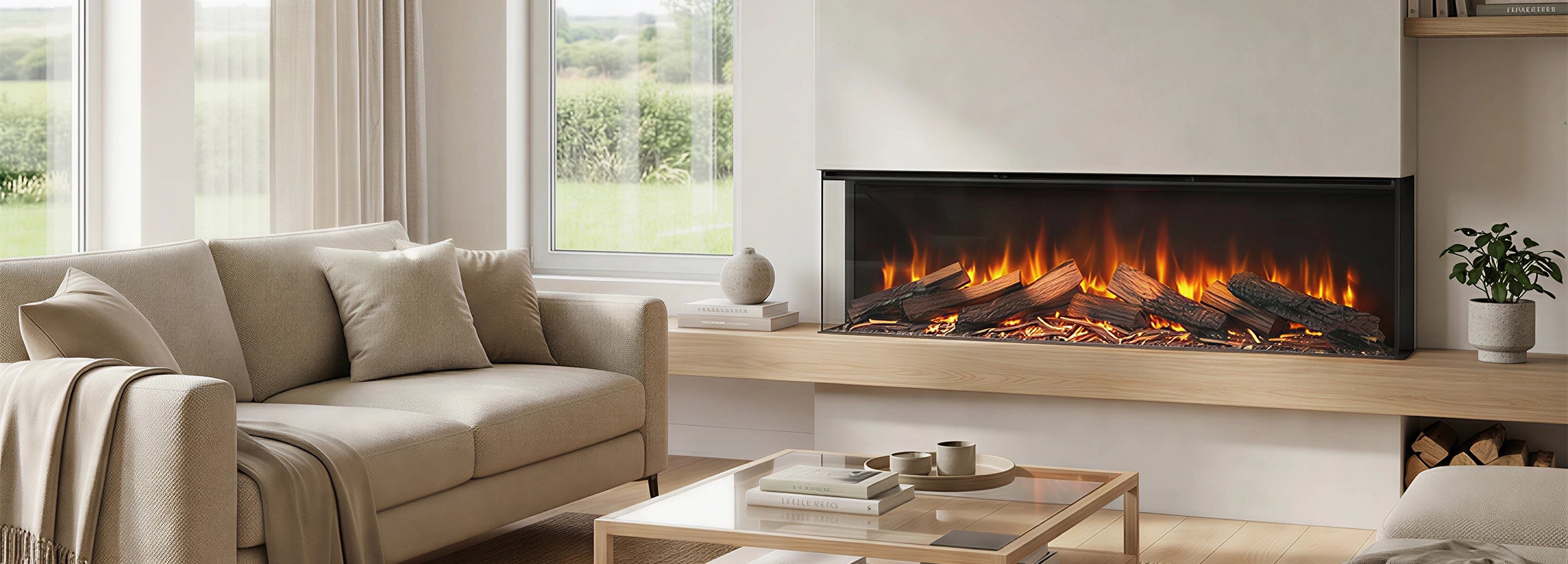 Modern living room with a beige sofa, coffee table, and lumo cozy 130 electric fireplace.