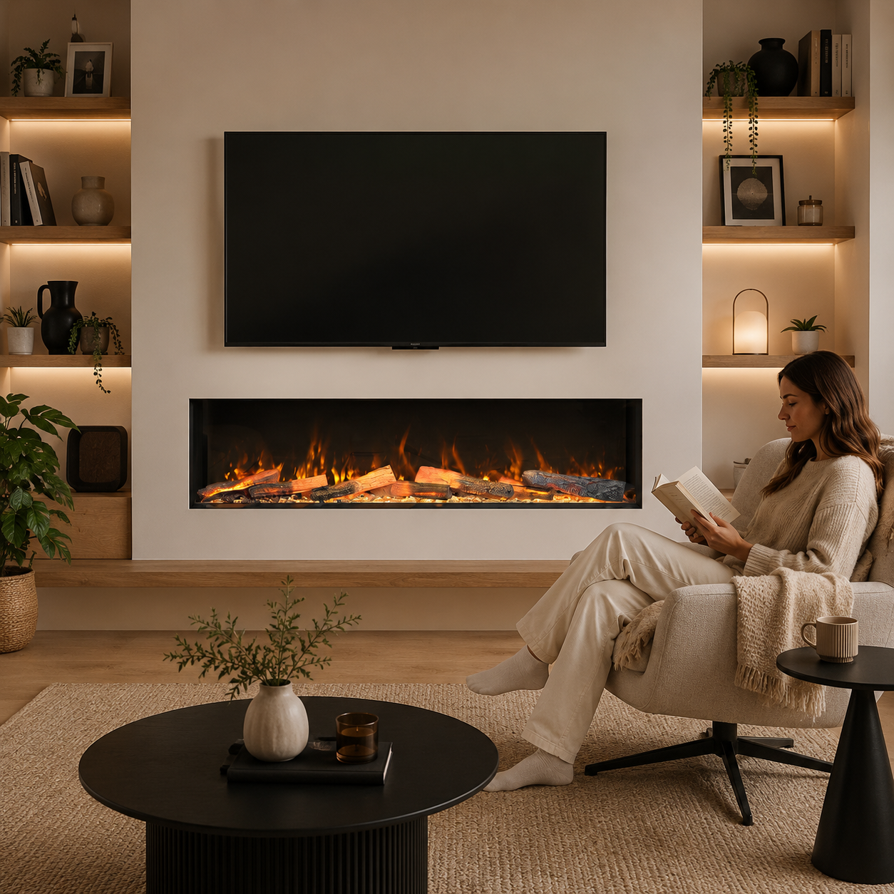Woman reading a book in a cozy living room with a lumo electric fireplace and television.
