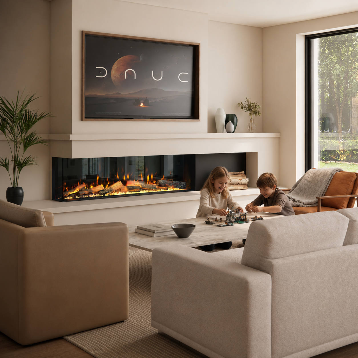 Children playing in a modern living room with a lumo odyssey 150 electric fireplace and television.