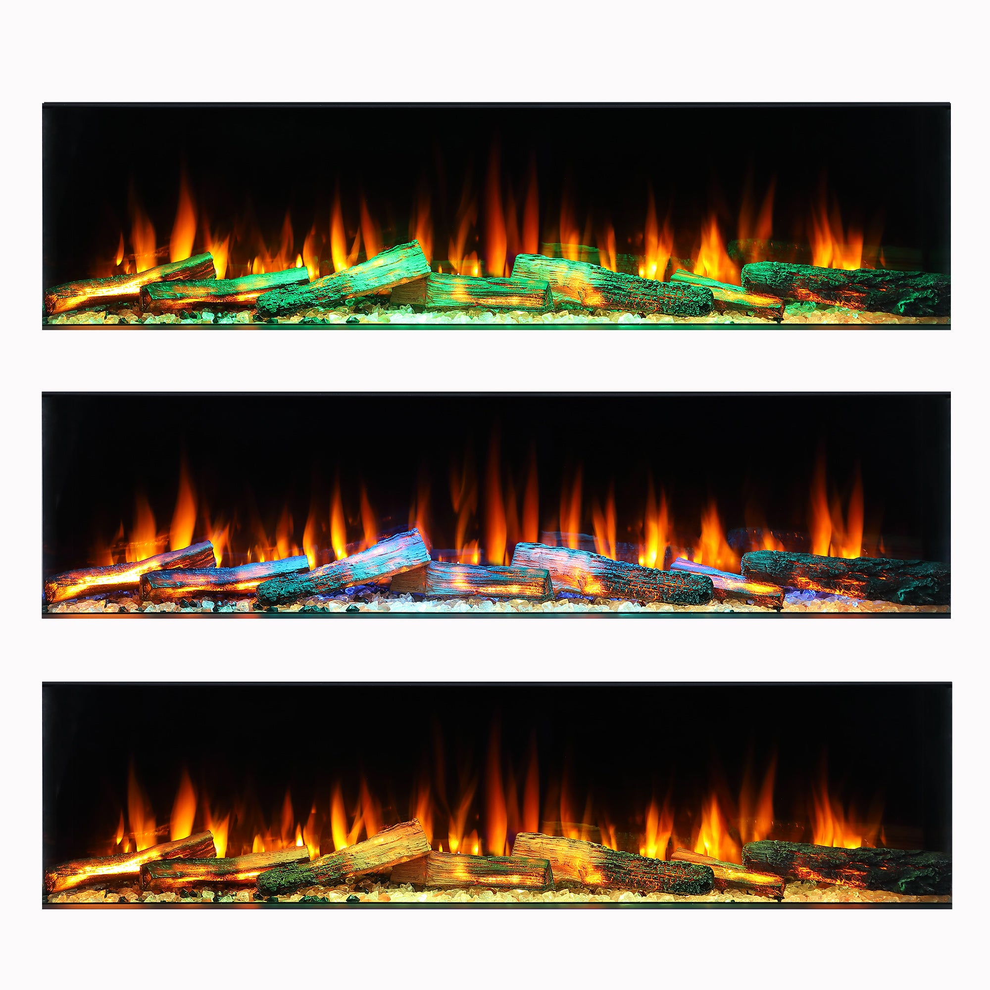 Electric fireplace logs with different flame effects on a white background