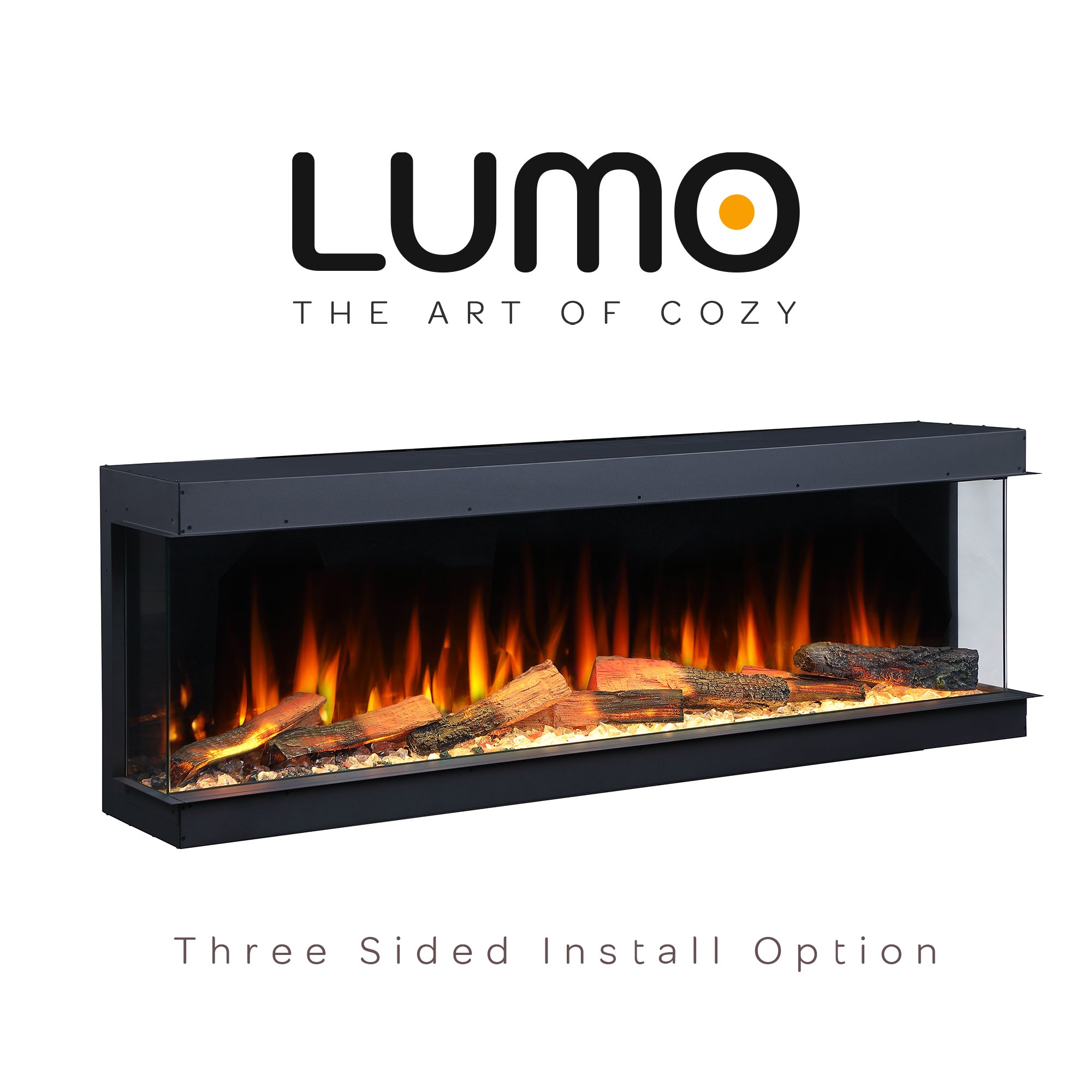 Electric fireplace with glowing logs and flames, featuring the LUMO brand on a white background.