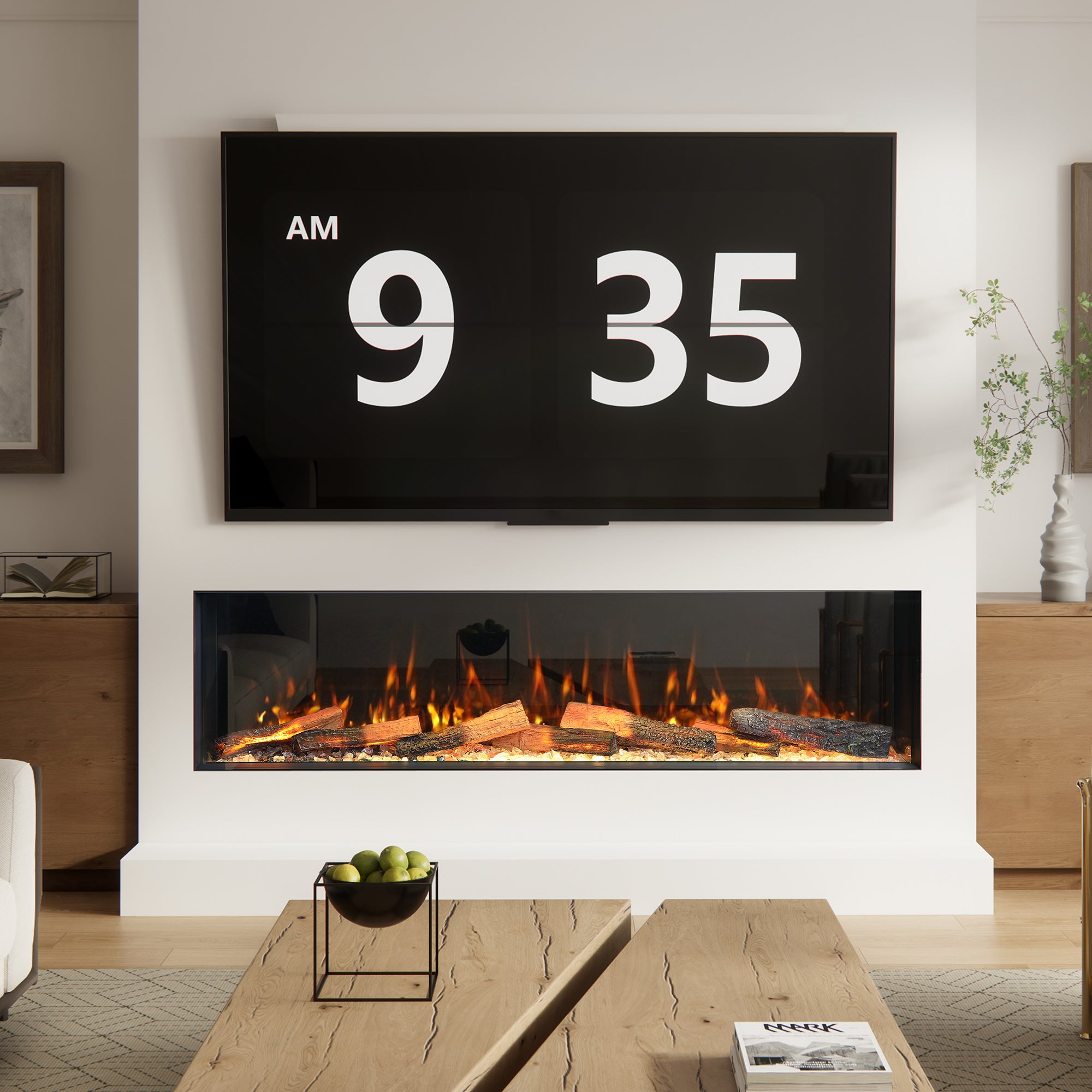 Digital clock displaying time on a wall above an electric fireplace in a living room.
