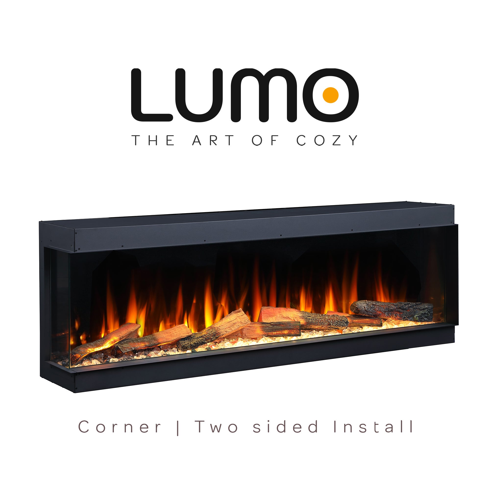 Electric fireplace with glowing logs and flames, branded 'LUMO' on a white background.