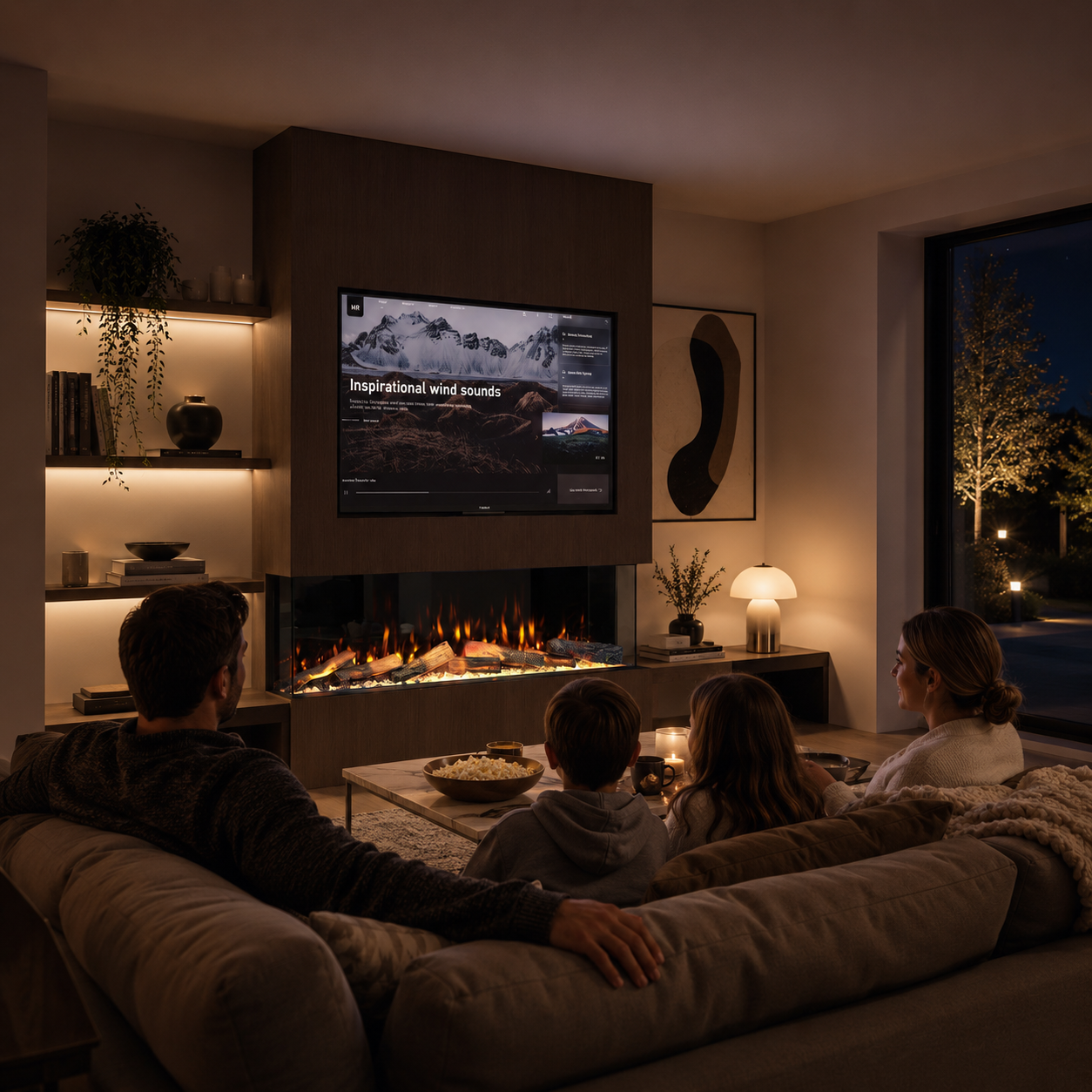 Family sitting on a couch in a dimly lit living room watching TV.