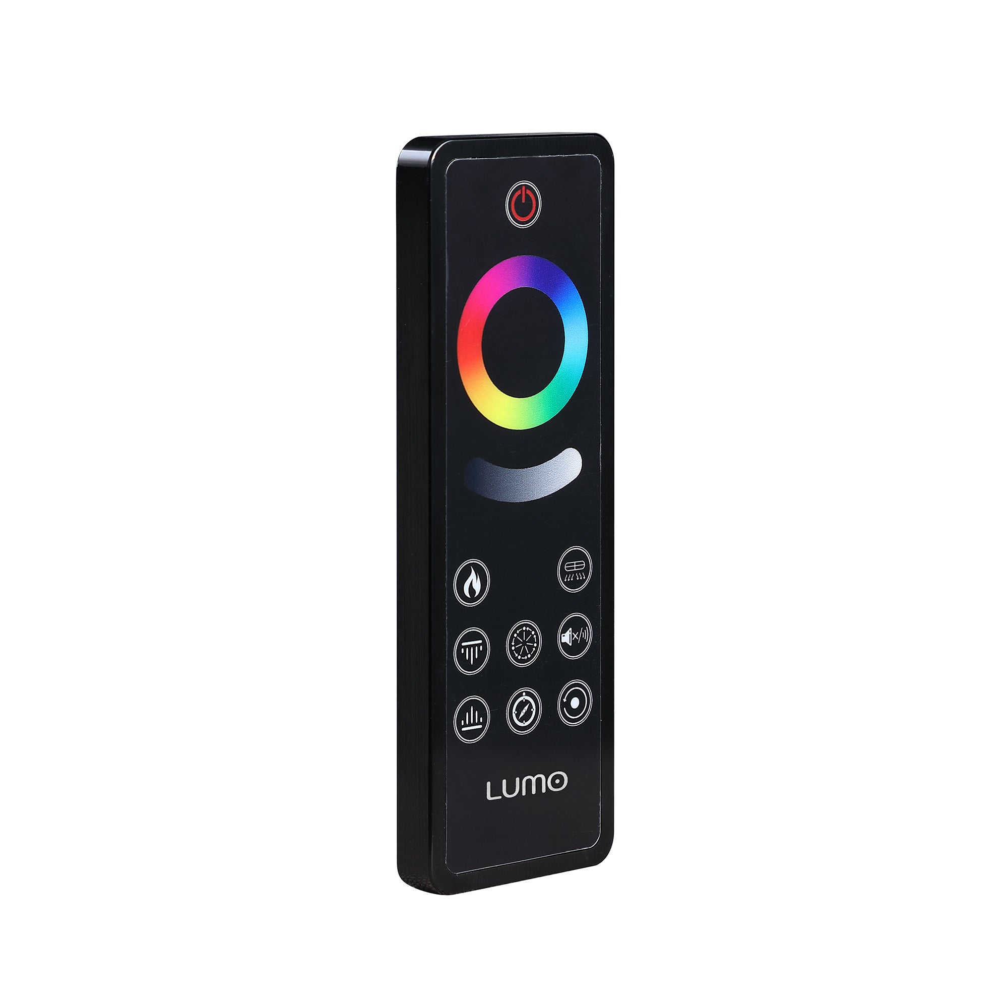 Black remote control with colorful LED display and LUMO branding on a white background
