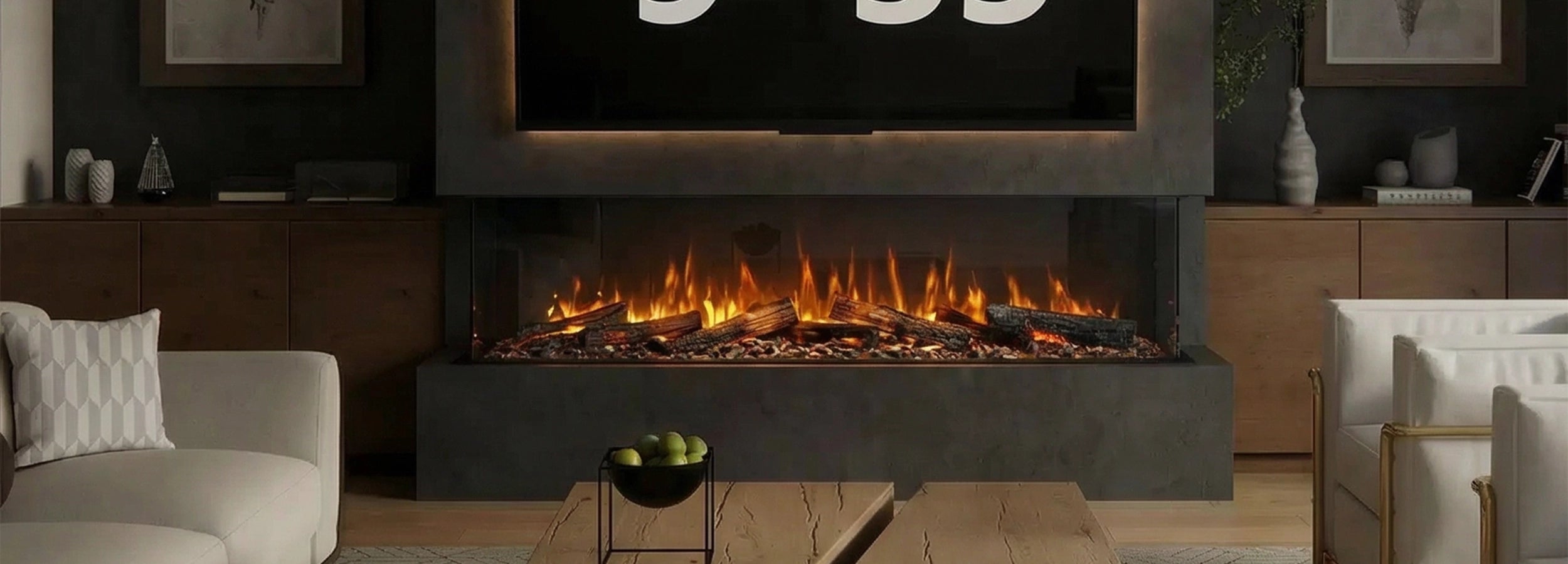 Modern living room with a lumo ultra 180 electric fireplace and flat-screen TV.