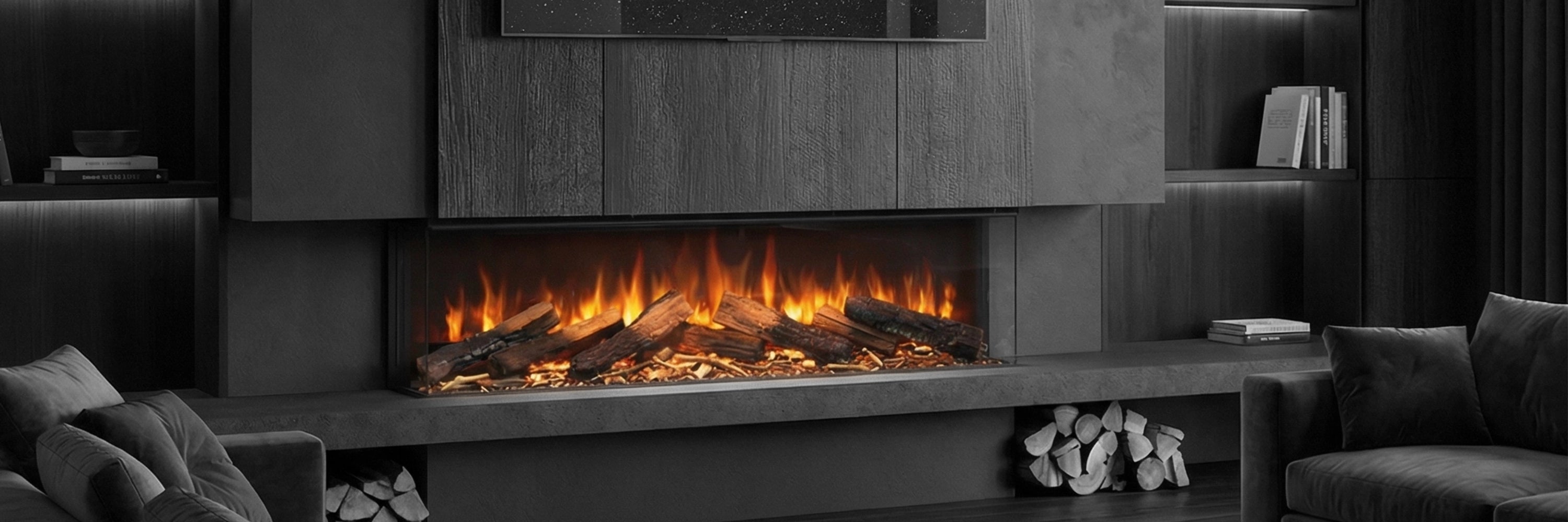 Modern electric fireplace in a living room setting with dark decor