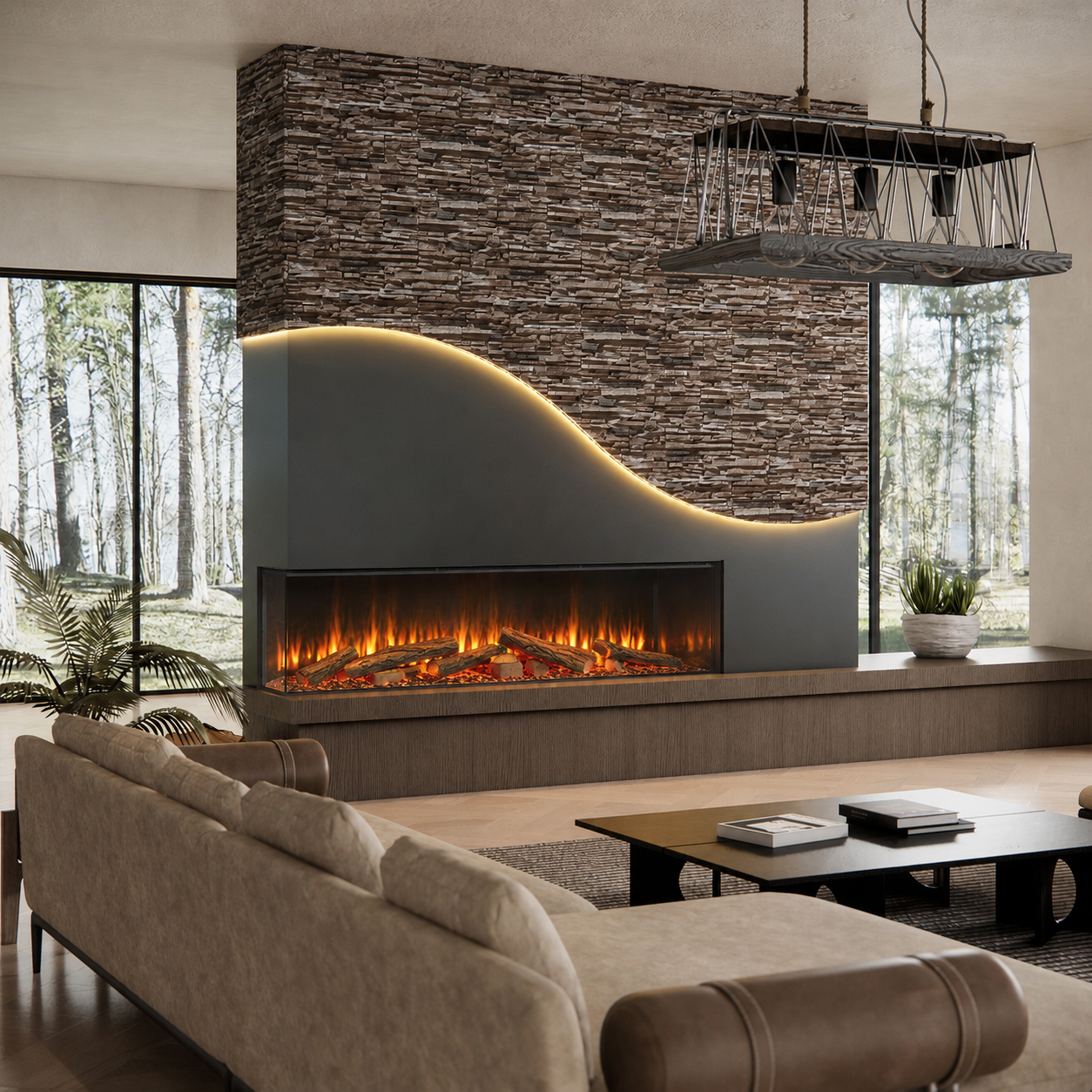Modern living room with a stone-wrapped electric fireplace, sofa, and coffee table.