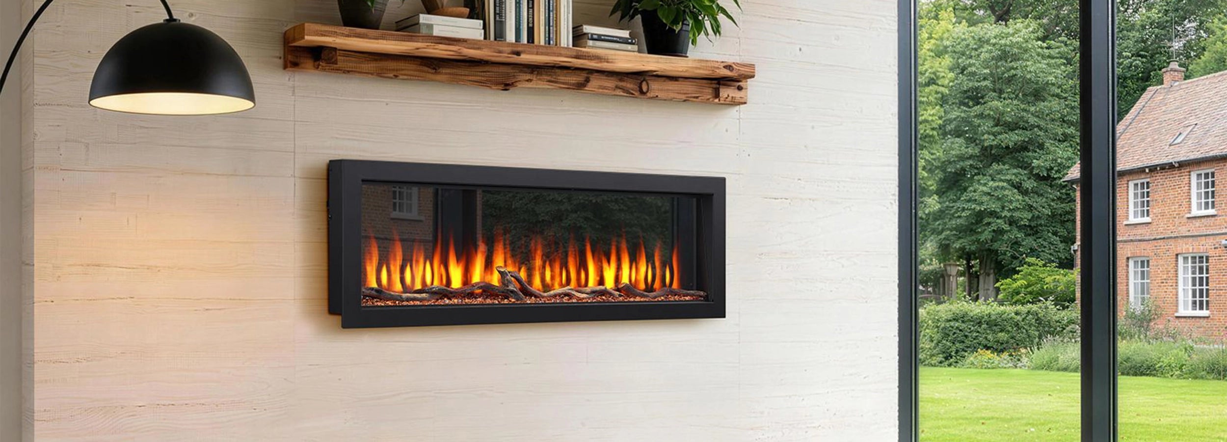 Electric fireplace with flames on a white wall, next to an open window showing a garden and house.