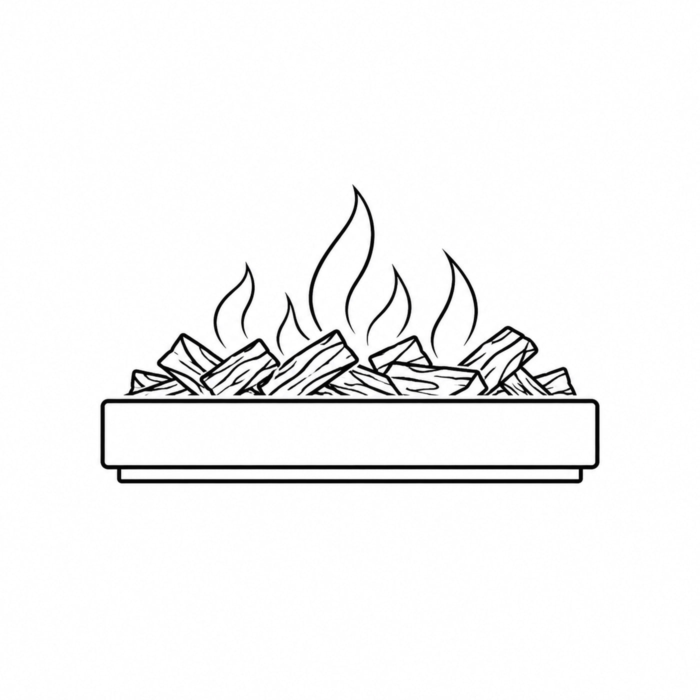 Line drawing of a fire pit with flames and logs on a white background