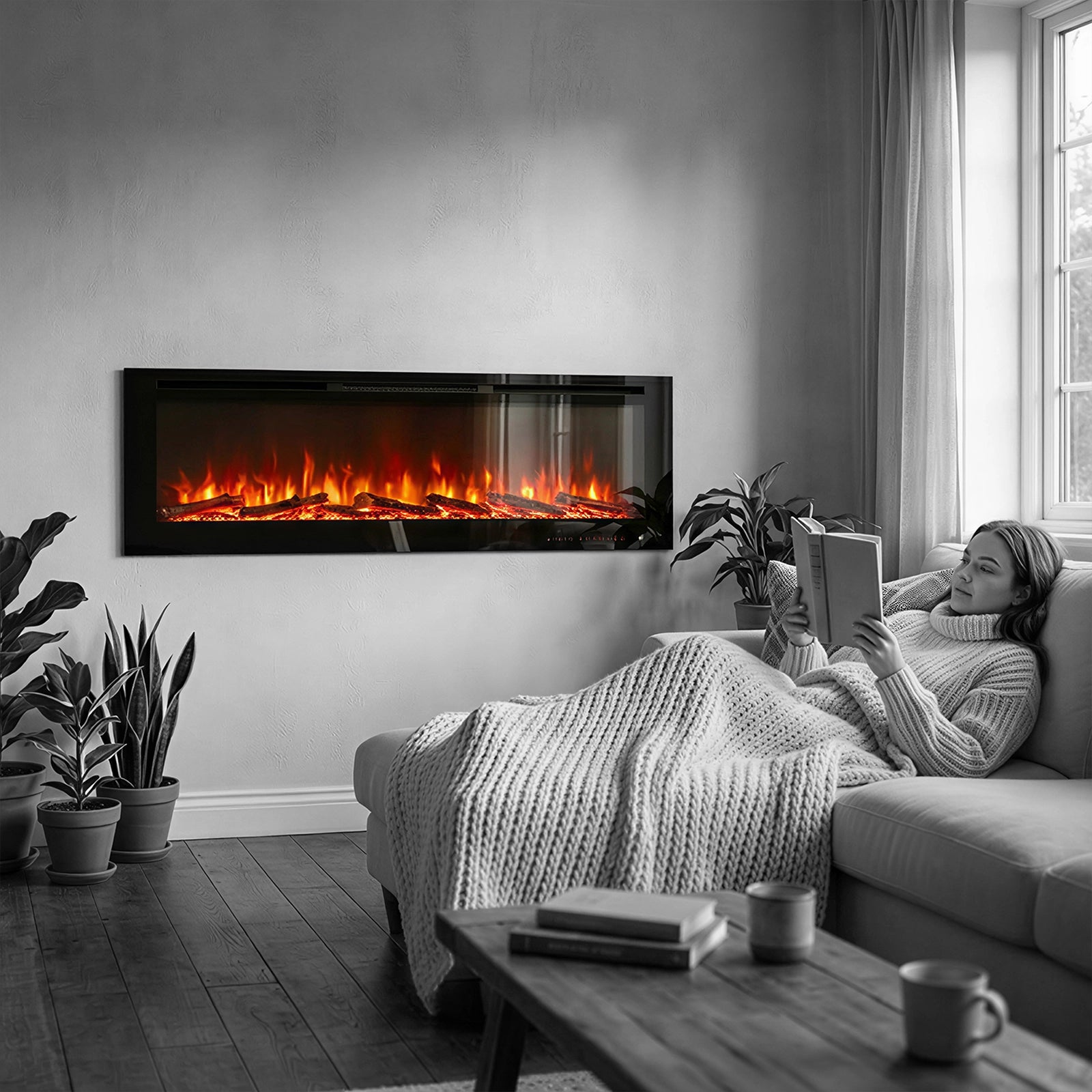 Woman reading a book on a couch in front of a wall-mounted electric fireplace.