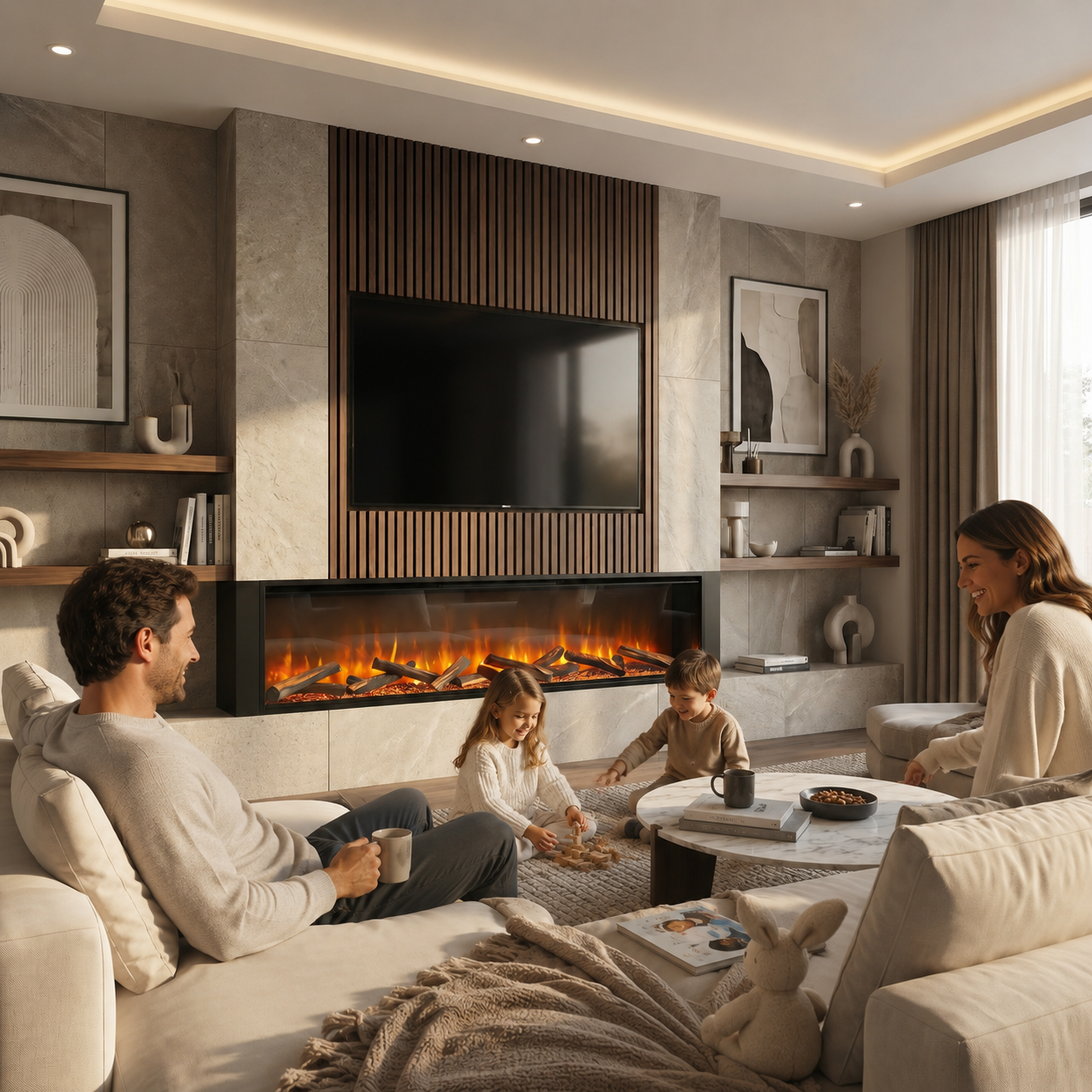 Family sitting in a modern living room with a fireplace and television.
