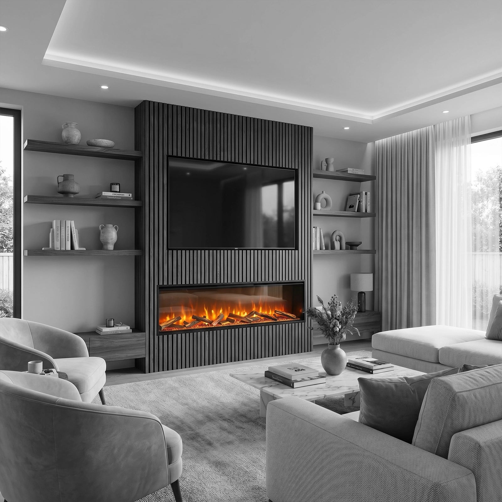 Modern living room with a lumo comfort electric fireplace, television, and comfortable seating.