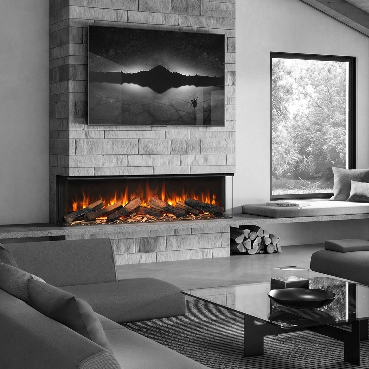 Modern living room with electric fireplace, TV, and large window.