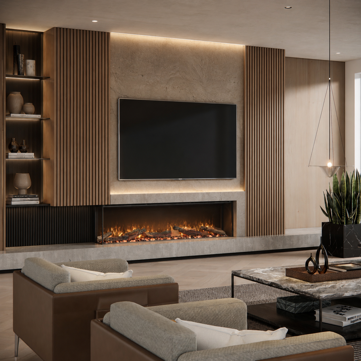 Modern living room with a fireplace, TV, and furniture.