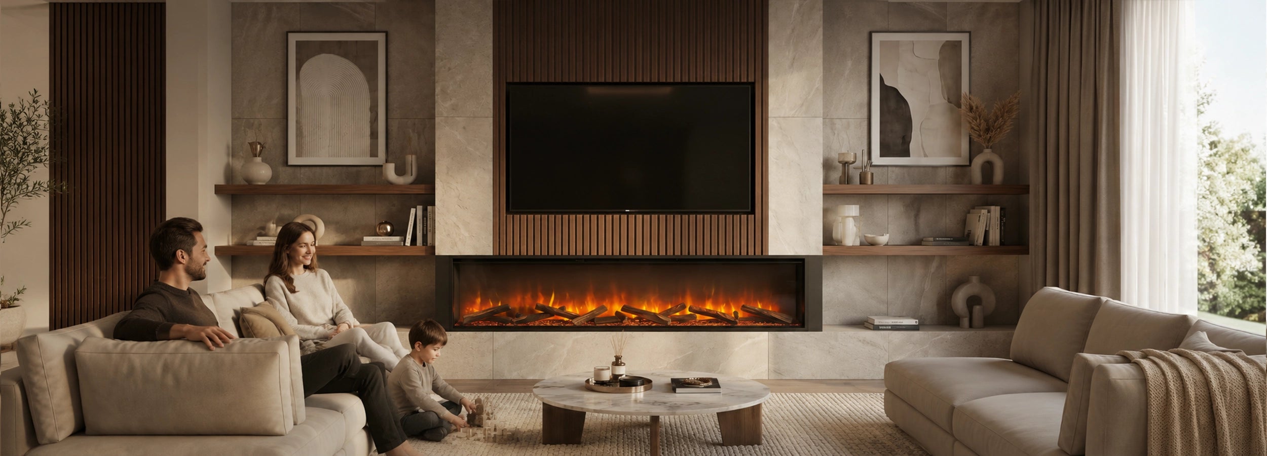 Family sitting in a modern living room with a lumo comfort 220 fireplace and television.