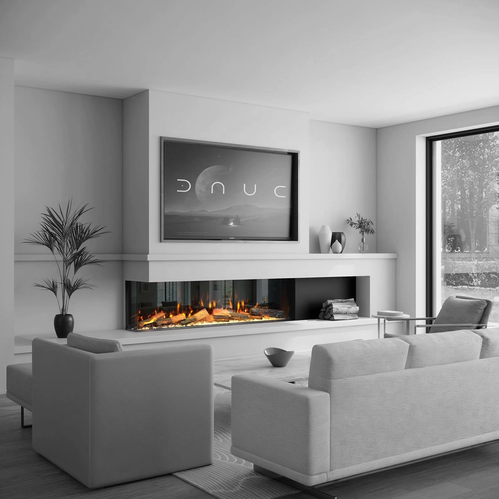 Modern living room with a fireplace, television, and gray furniture.
