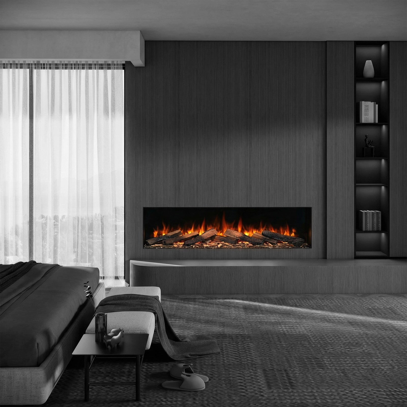 Modern living room with a fireplace and minimal decor